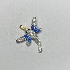 14K Gold Austrian Crystal Dragonfly Pendant Blue White Rhinestone Charm